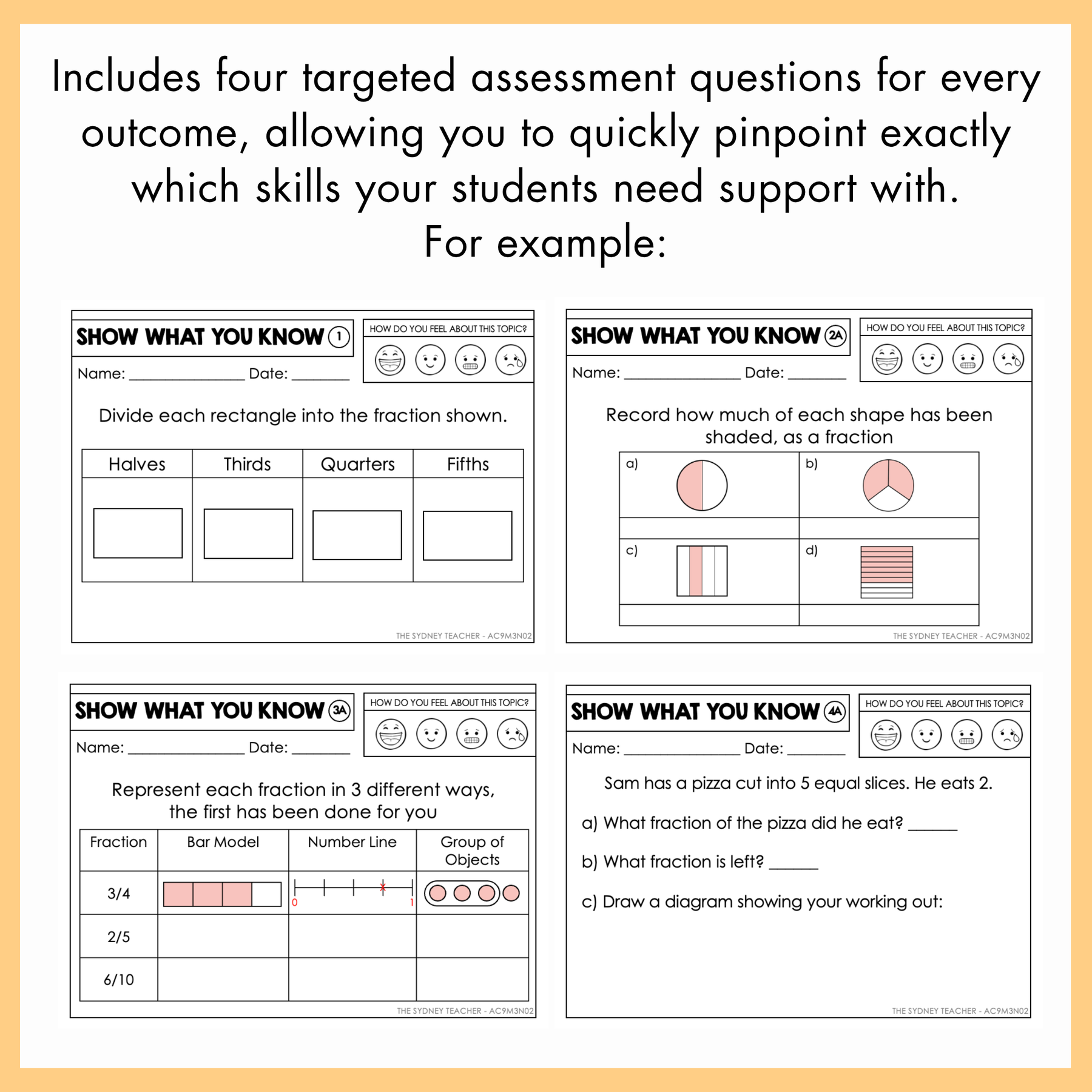 A worksheet preview page with text at the top 'includes four targeted assessment questions for every outcome, allowing you to quickly pinpoint exactly which skills your students need support with. For example:', followed by four sample math activity sheets labeled 'SHOW WHAT YOU KNOW' on a white background with a yellow border.