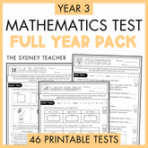 Promotional graphic for a Year 3 Mathematics Full Year Pack printable test bundle by the Sydney Teacher, featuring a yellow background with bold black and yellow text and previews of several test pages including Number, Statistics, and Measurement. Below is a banner with text that reads '46 Printable Tests'.