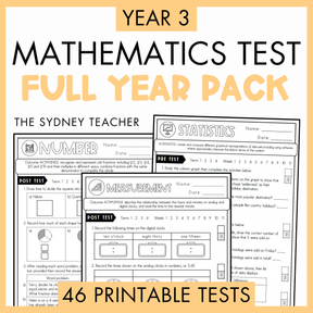 Promotional graphic for a Year 3 Mathematics Full Year Pack printable test bundle by the Sydney Teacher, featuring a yellow background with bold black and yellow text and previews of several test pages including Number, Statistics, and Measurement. Below is a banner with text that reads '46 Printable Tests'.