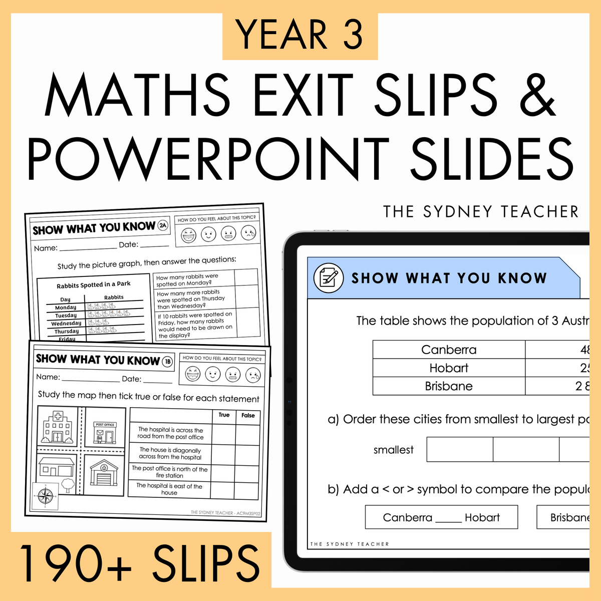 Year 3 Maths Exit Slips and PowerPoint Slides bundle by The Sydney Teacher, featuring sample worksheet pages and a digital slide preview on a white background with yellow banner containing text '190+slips'. 