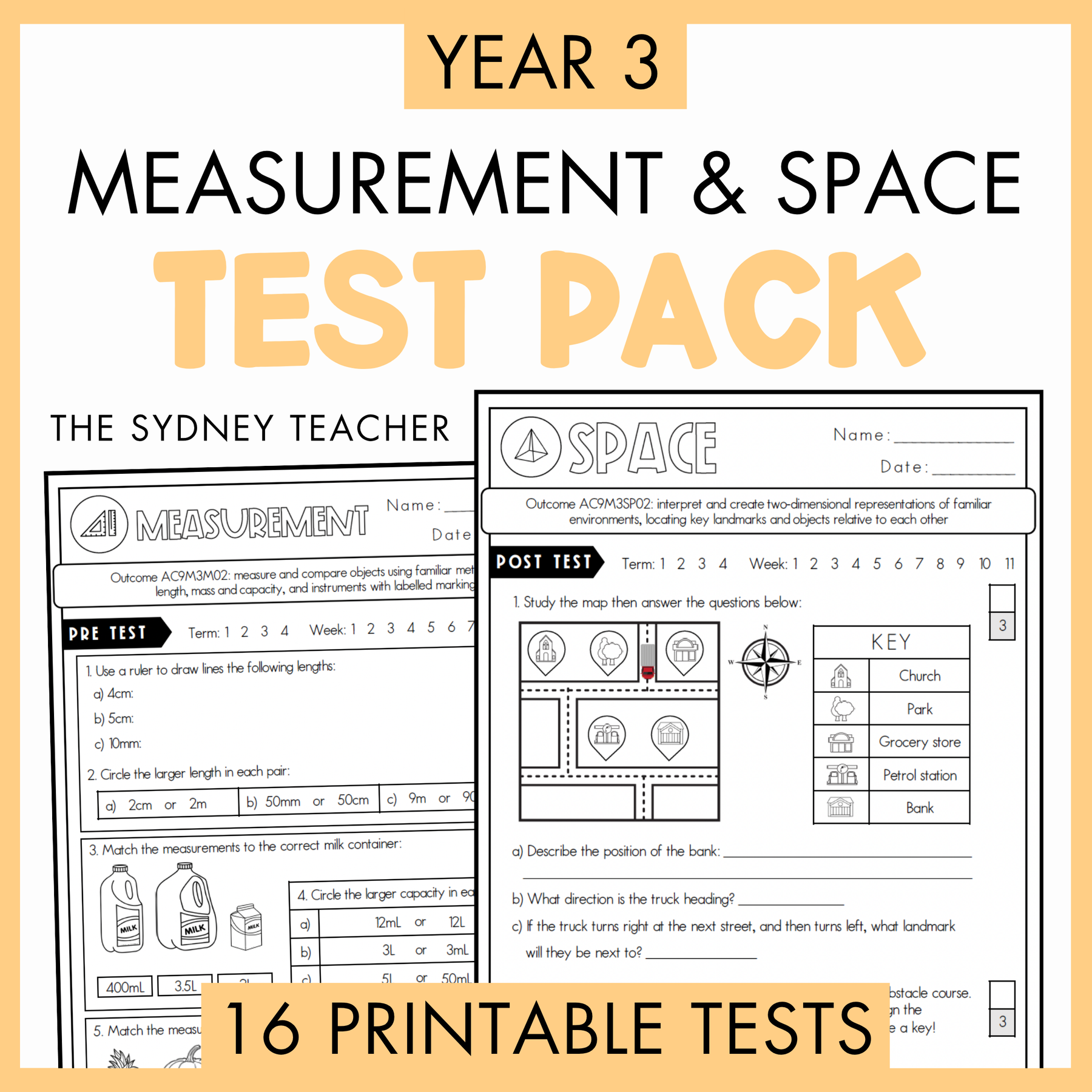 Year 3 Measurement and Space Test Pack with printable tests on a white background with text '16 Printable Tests' below.