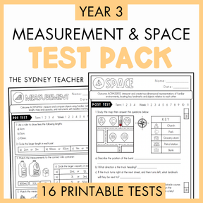 Year 3 Measurement and Space Test Pack with printable tests on a white background with text '16 Printable Tests' below.