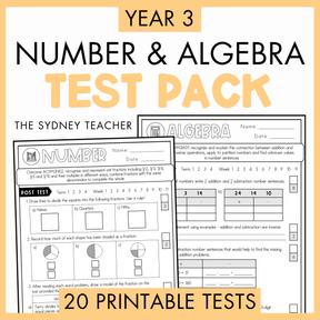 Year 3 Number & Algebra Test Pack with printable tests on a white background with text '20 Printable Tests' below.
