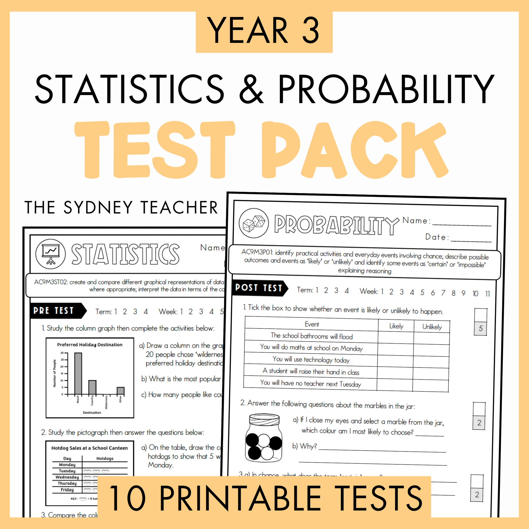 Year 3 Statistics and Probability Test Pack with printable tests on a white background with text '10 Printable Tests' below.