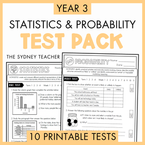 Year 3 Statistics and Probability Test Pack with printable tests on a white background with text '10 Printable Tests' below.