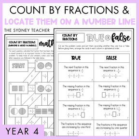 Count by Fractions and Locate them On a Number Line Year 4 activity pack by The Sydney Teacher featuring overlapping maths maze and maths true or false worksheets with a light purple border.