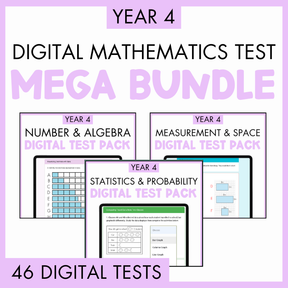 Promotional graphic for Year 4 Digital Mathematics Test Mega Bundle with three digital test pack illustrations, Year 4 Number and Algebra Digital Test Pack, Year 4 Statistics and Probability Digital Test Pack, and Year 4 Measurement and Space Digital Test Pack, on a purple background. At the bottom is a light purple banner with text '46 digital tests'.