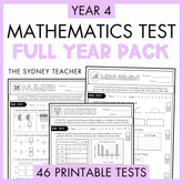 Promotional graphic for a Year 4 Mathematics Full Year Pack printable test bundle by the Sydney Teacher, featuring a light purple background with bold black and light purple text and previews of several test pages including Number, Statistics, and Measurement. Below is a banner with text that reads '46 Printable Tests'.