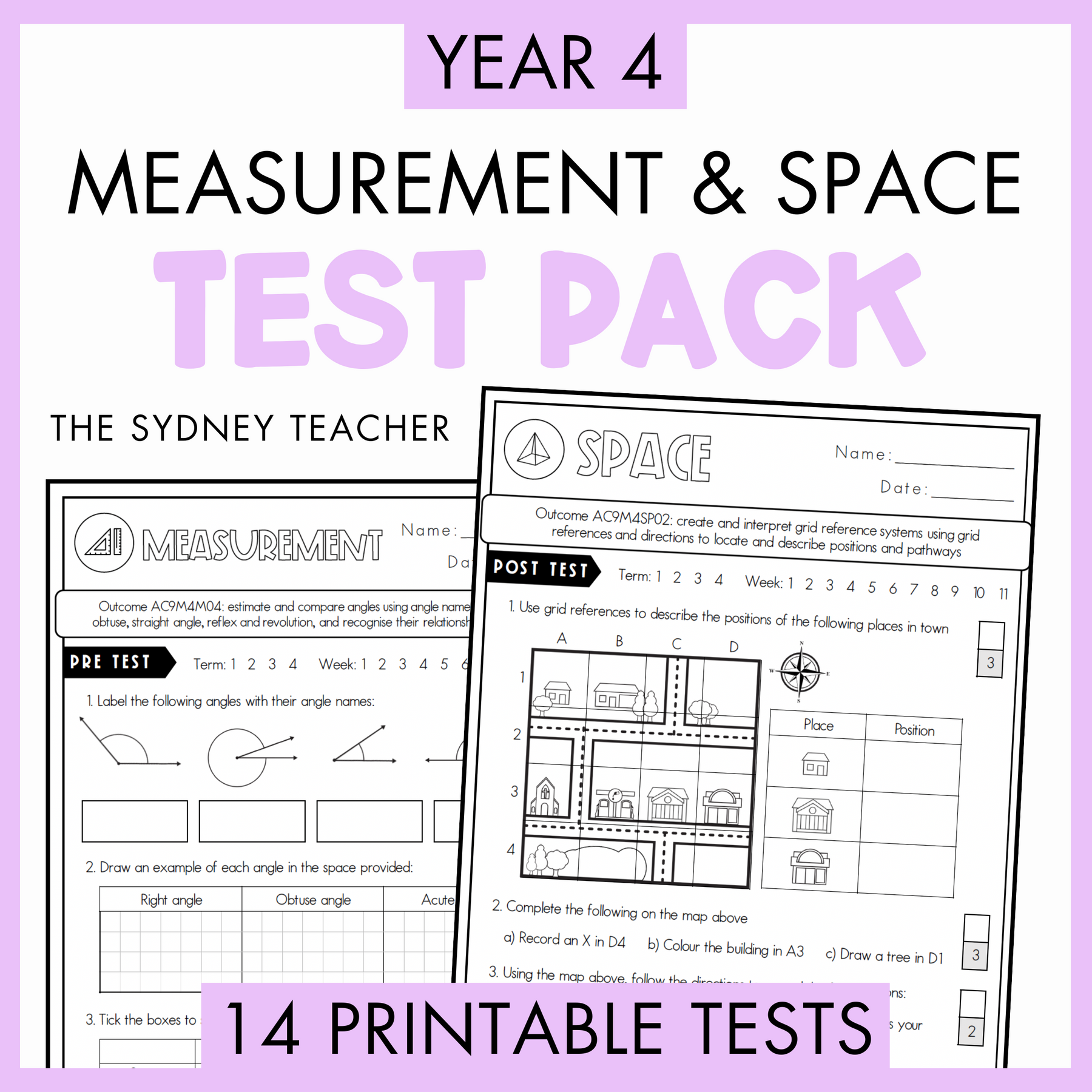 Year 4 Measurement and Space Test Pack with printable tests on a white background with text '14 Printable Tests' below.