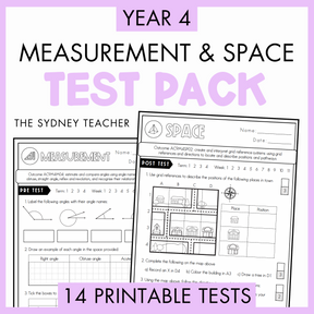 Year 4 Measurement and Space Test Pack with printable tests on a white background with text '14 Printable Tests' below.