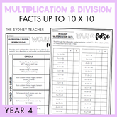 Two overlapping worksheets for multiplication and division facts up to 10 x 10, True or False and Would You Rather?,  on a purple background. At the top, the text reads 'Multiplication and Division Facts Up to 10x10' and at the bottom a light purple banner with text 'Year 4'. 