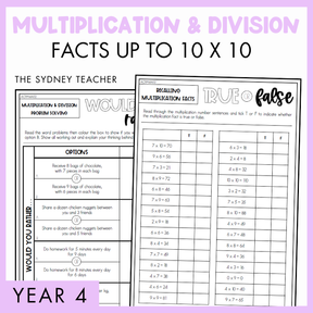 Two overlapping worksheets for multiplication and division facts up to 10 x 10, True or False and Would You Rather?,  on a purple background. At the top, the text reads 'Multiplication and Division Facts Up to 10x10' and at the bottom a light purple banner with text 'Year 4'. 