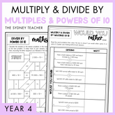 Multiply and Divide by Multiples and Powers of 10 Year 4 activity pack by The Sydney Teacher featuring overlapping maths maze and maths would you rather worksheets with a light purple border.