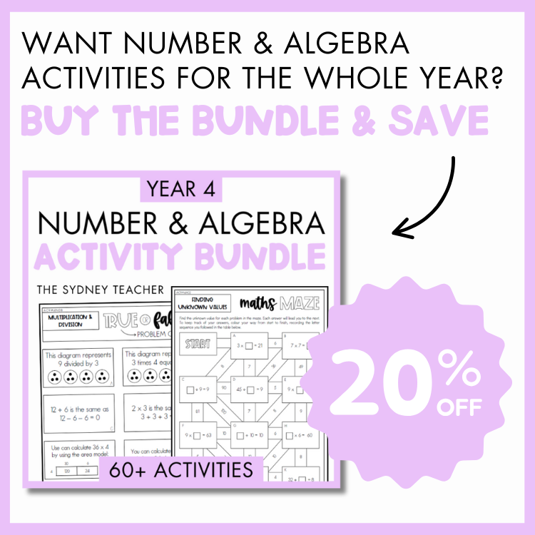Promotional graphic for a Year 4 Number & Algebra Activity Bundle with two sample worksheets on a light purple background. At the top, the text reads 'Want Number and Algebra Activities for the Whole Year? Buy the Bundle and Save' and below is a light purple banner with text '20% off'. 