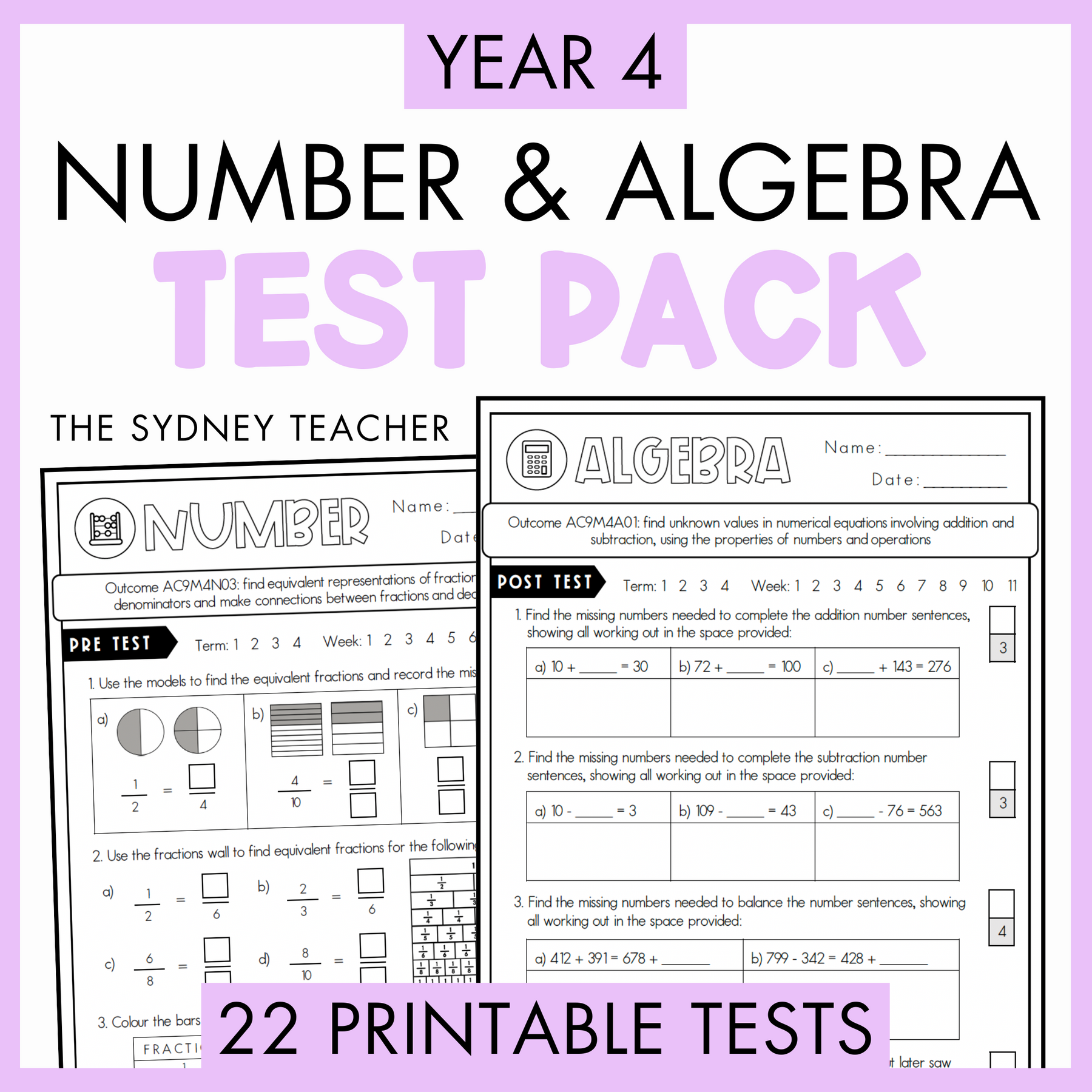 Year 4 Number & Algebra Test Pack with printable tests on a white background with text '22 Printable Tests' below.