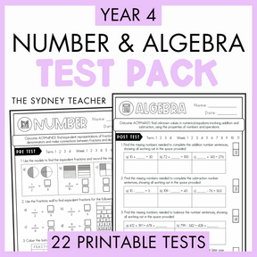 Year 4 Number & Algebra Test Pack with printable tests on a white background with text '22 Printable Tests' below.
