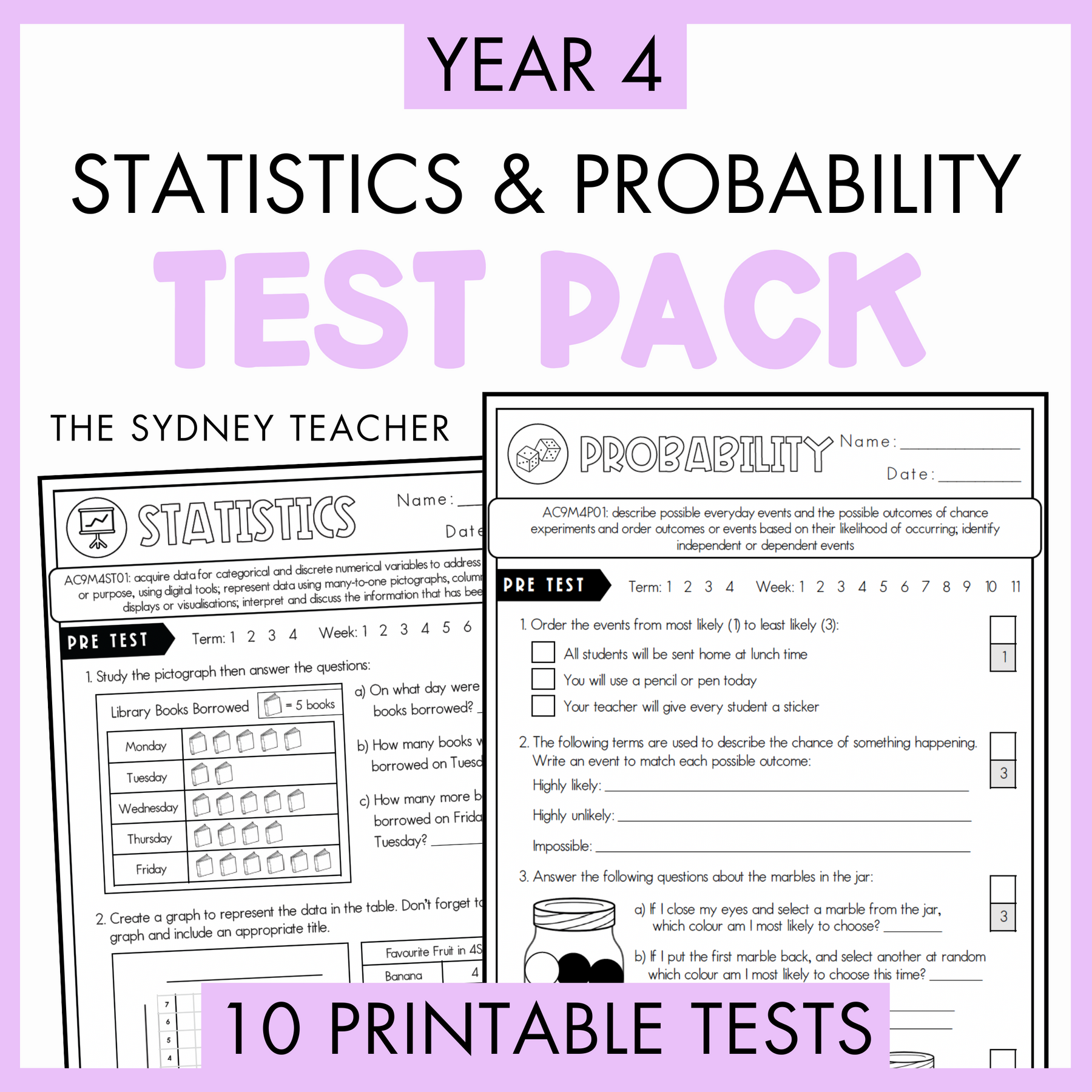 Year 4 Statistics and Probability Test Pack with printable tests on a white background with text '10 Printable Tests' below.