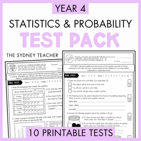 Year 4 Statistics and Probability Test Pack with printable tests on a white background with text '10 Printable Tests' below.