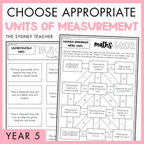 Choose appropriate units of measurement Year 5 activity pack by The Sydney Teacher featuring overlapping maths maze and maths true or false worksheets with a pink border.
