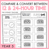 Compare and convert between 12 and 24-hour time Year 5 activity pack by The Sydney Teacher featuring overlapping maths super sort and maths true or false worksheets, showing clocks and digital timers, with a pink border.