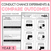 Year 5 Conduct Chance Experiments and Compare Outcomes by The Sydney Teacher showing two overlapping maths super sort and maths match worksheets, featuring a pink border and text.