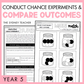 Year 5 Conduct Chance Experiments and Compare Outcomes by The Sydney Teacher showing two overlapping maths super sort and maths match worksheets, featuring a pink border and text.