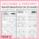 Describe and perform transformations on 2D shapes Year 5 activity pack by The Sydney Teacher featuring overlapping maths maze and maths true or false worksheets with a pink border.
