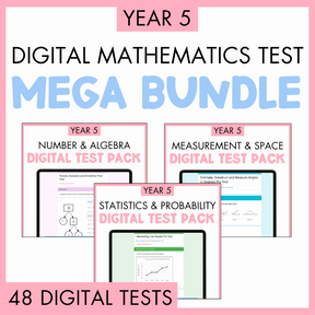 Promotional graphic for Year 5 Digital Mathematics Test Mega Bundle with three digital test pack illustrations, Year 5 Number and Algebra Digital Test Pack, Year 5 Statistics and Probability Digital Test Pack, and Year 5 Measurement and Space Digital Test Pack, on a pink background. At the bottom is a pink banner with text '48 digital tests'.