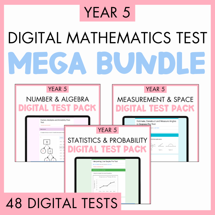 Promotional graphic for Year 5 Digital Mathematics Test Mega Bundle with three digital test pack illustrations, Year 5 Number and Algebra Digital Test Pack, Year 5 Statistics and Probability Digital Test Pack, and Year 5 Measurement and Space Digital Test Pack, on a pink background. At the bottom is a pink banner with text '48 digital tests'.