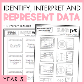Identify, Interpret and Represent Data activities by The Sydney Teacher for Year 5 students featuring two overlapping maths worksheets. 