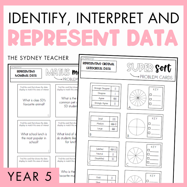 Identify, Interpret and Represent Data activities by The Sydney Teacher for Year 5 students featuring two overlapping maths worksheets. 