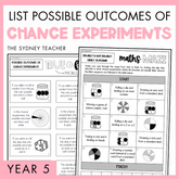 List Possible Outcomes of Chance Experiments for Year 5 students by The Sydney Teacher, featuring two overlapping maths true or false and maths maze worksheets on a pink background.