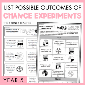 List Possible Outcomes of Chance Experiments for Year 5 students by The Sydney Teacher, featuring two overlapping maths true or false and maths maze worksheets on a pink background.