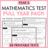 Promotional graphic for a Year 5 Mathematics Full Year Pack printable test bundle by the Sydney Teacher, featuring a pink background with bold black and pink text and previews of several test pages including Number, Statistics, and Measurement. Below is a banner with text that reads '48 Printable Tests'.