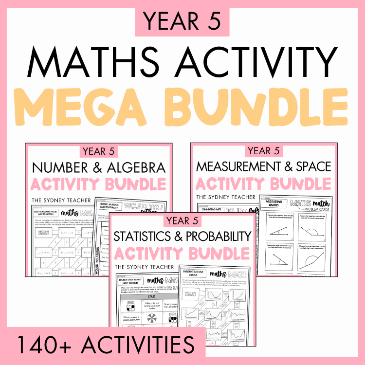Promotional image for Year 5 Maths Activity Mega Bundle with three packs included, number and algebra, statistics and probability, and measurement and space on a pink background. Below is a pink banner with text '140+ activities'.