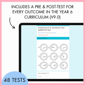 Tablet screen displaying a pre-test for time systems with text about pre and post-tests for the Year 5 curriculum. At the top, the text reads 'includes a pre and post-test for every outcome in the Year 5 curriculum (V9.0). At the bottom is a blue half-circle banner with text, '48 tests'. 