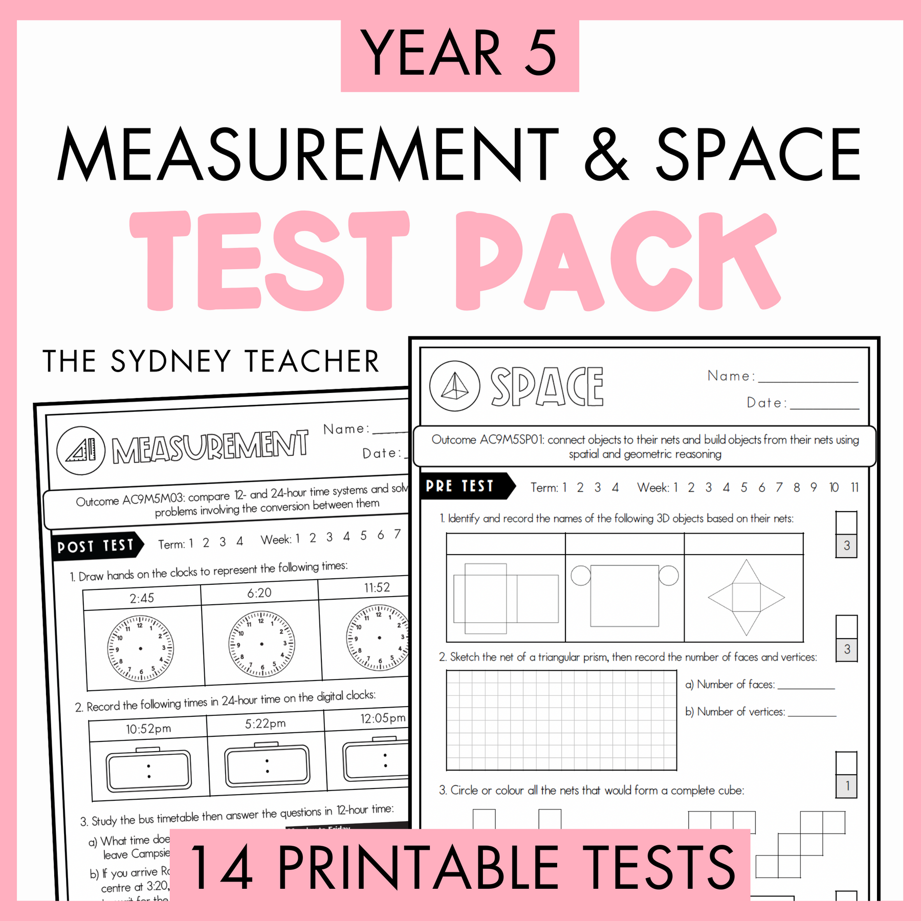 Year 5 Measurement and Space Test Pack with printable tests on a white background with text '14 Printable Tests' below.