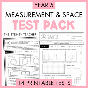 Year 5 Measurement and Space Test Pack with printable tests on a white background with text '14 Printable Tests' below.