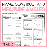 Name, Construct and Measure Angles Year 5 activity pack by The Sydney Teacher featuring overlapping maths match and maths true or false worksheets with a pink border.