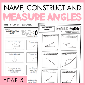 Name, Construct and Measure Angles Year 5 activity pack by The Sydney Teacher featuring overlapping maths match and maths true or false worksheets with a pink border.