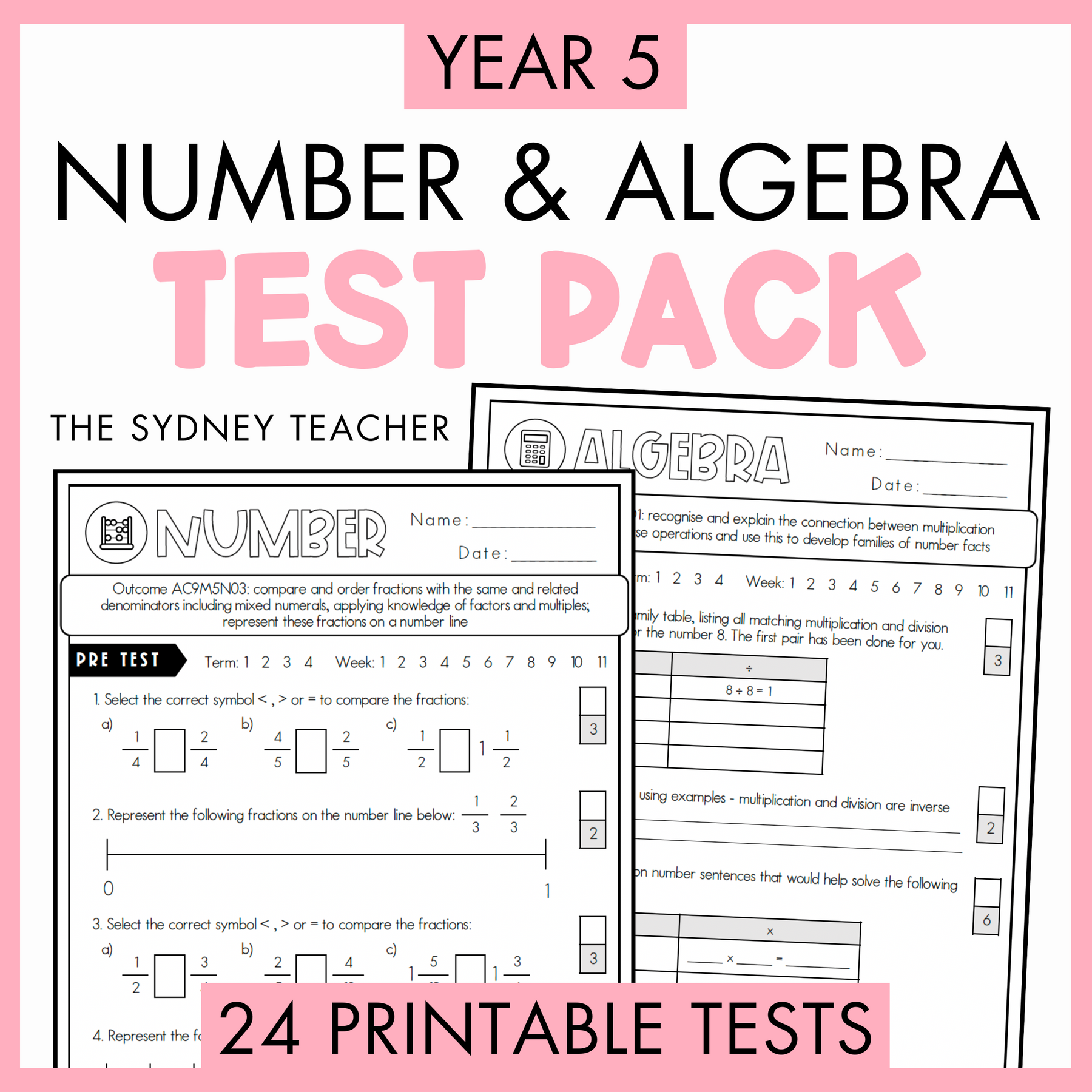 Year 5 Number & Algebra Test Pack with printable tests on a white background with text '24 Printable Tests' below.