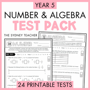 Year 5 Number & Algebra Test Pack with printable tests on a white background with text '24 Printable Tests' below.