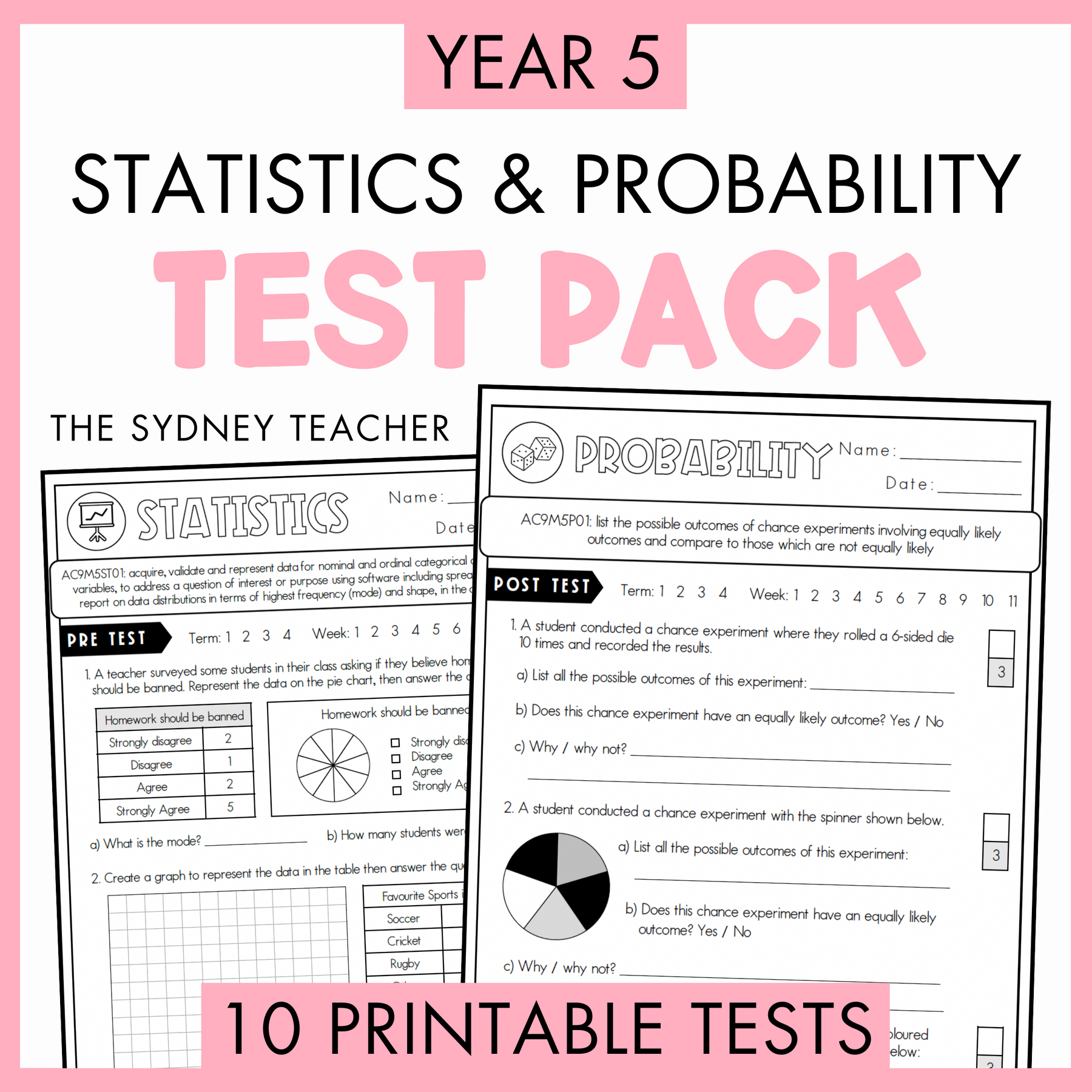 Year 5 Statistics and Probability Test Pack with printable tests on a white background with text '10 Printable Tests' below.