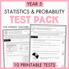 Year 5 Statistics and Probability Test Pack with printable tests on a white background with text '10 Printable Tests' below.