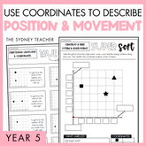 Use coordinates to describe position and movement Year 5 activity pack by The Sydney Teacher featuring overlapping true or false and maths super sort worksheets with a pink border.