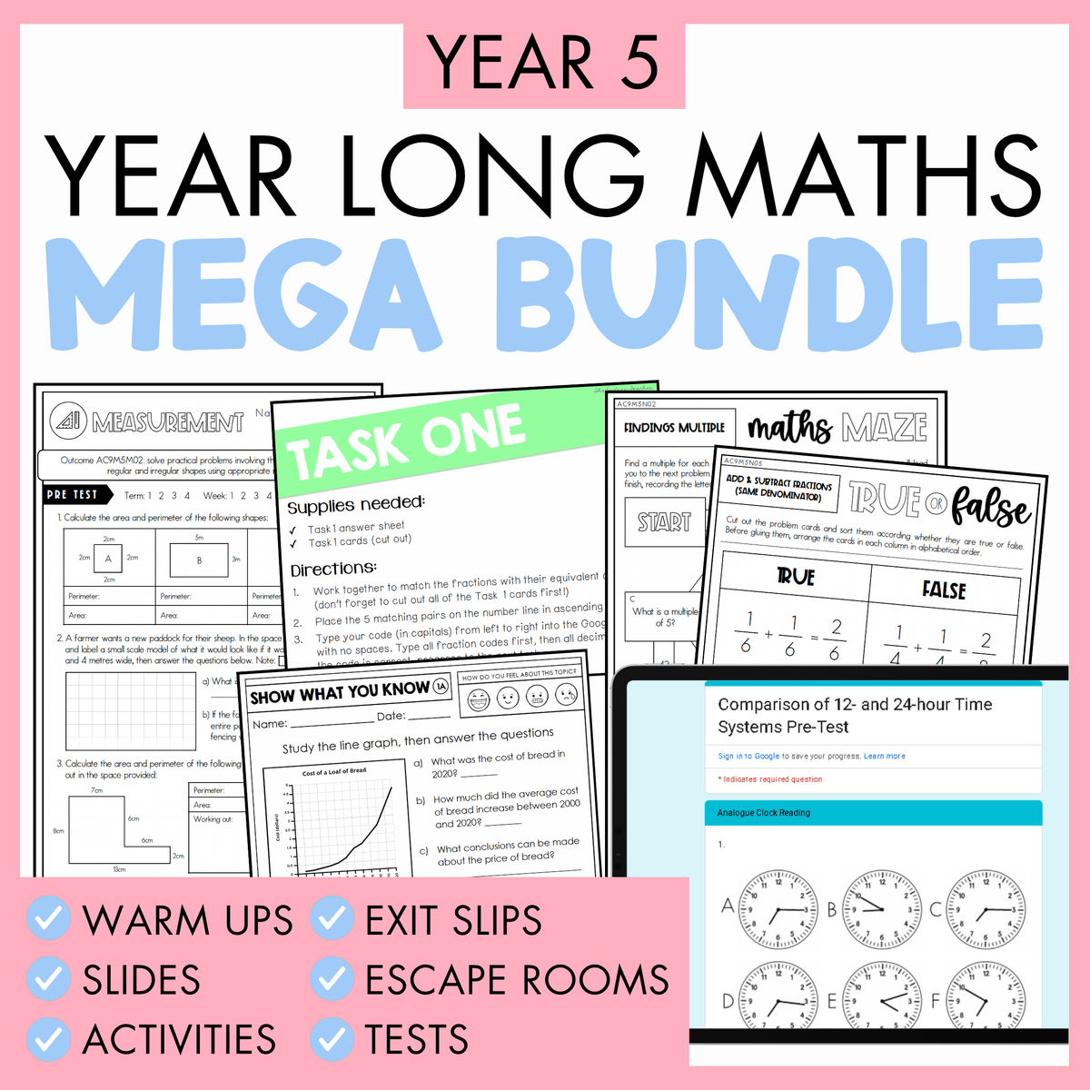 Year 5 Year Long Maths Mega Bundle with various educational materials on a pink background. At the bottom is a pink banner with list of what's included in the bundle: warm ups, slides, activities, exit slips, escape rooms, and tests.