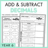 Add and Subtract Decimals Year 6 activity pack by The Sydney Teacher featuring overlapping maths maze and maths would you rather worksheets with a light green border.