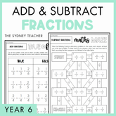 Add and Subtract Fractions Year 6 activity pack by The Sydney Teacher featuring overlapping maths maze and maths true or false worksheets with a light green border.