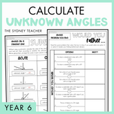 Calculate Unknown Angles Year 6 activity pack by The Sydney Teacher featuring overlapping would you rather and maths super sort worksheets with a light green border.