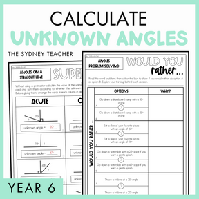 Calculate Unknown Angles Year 6 activity pack by The Sydney Teacher featuring overlapping would you rather and maths super sort worksheets with a light green border.